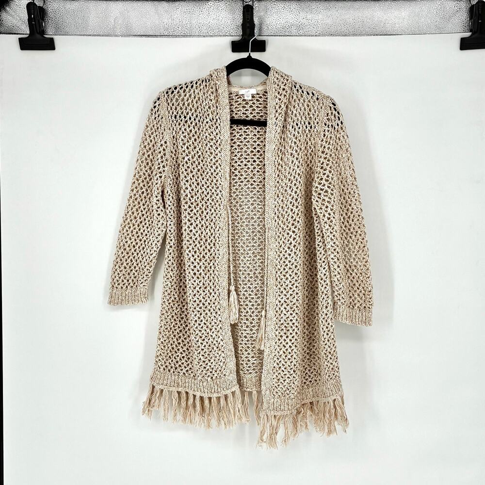 J. Jill Tan & Cream Hooded Crocheted 3/4 Sleeve Cardigan with Fringe - Size S